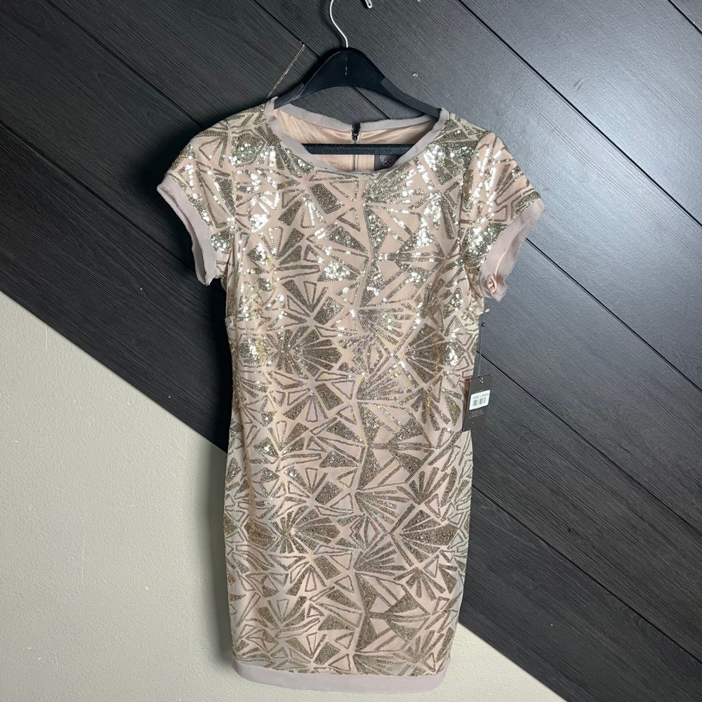 Vince Camuto Womens Sequin Cocktail Dress Size 8 Champagne Gold NWT Glam